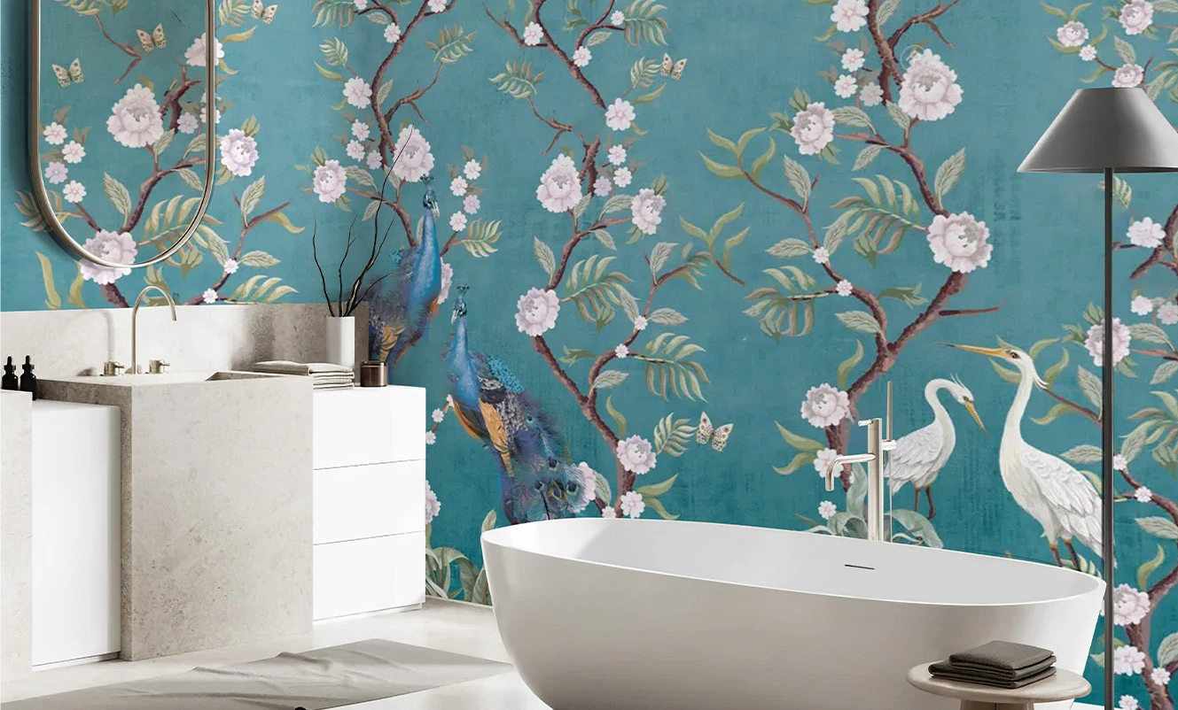 Elegant Chinoiserie Mural Wallpaper Installation for Your Bathroom Walls